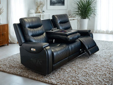 3 Seater Electric Recliner Forbes Black Leather Sofa | USB | LED| Dropdown table