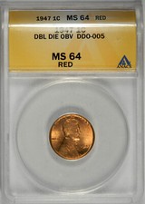 1947 LINCOLN CENT ~ DDO-005 DOUBLE DIE OBVERSE! ANACS MS64 RED!