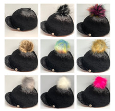 Luxury Crushed Velvet Faux Fur Pompom Riding Hat Silk Cover Equestrian Black