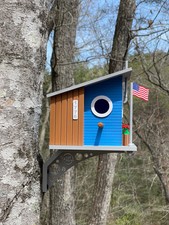 Blue cottage birdhouse with - birdhouse,