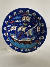 Vintage Turkish Pottery Wall Plate Ahmet  Kutahya Ship Sails Waves Maritime 18cm