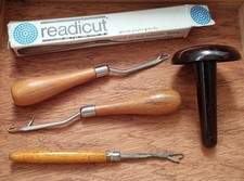 Vintage Sewing 3 x Rug Making Latch Hook Tool, Box & Bakelite Darning Mushroom