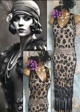 sagaie Black Gold Crochet 20s deco gatsby evening Tassel vintage Beaded dress 12
