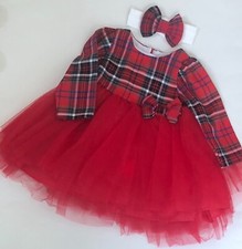 Baby Girls Red Tartan Dress Bow Tutu Dress & Headband Spanish Style Outfit 3-6M