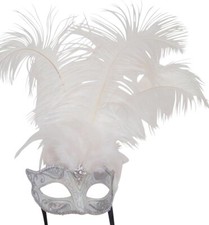 WHITE SILVER VENETIAN MASQUERADE PARTY CARNIVAL BALL EYE LONG FEATHER MASK