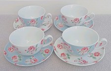 Cath Kidston Tea Cups & Saucers Ashdown Rose Pattern Floral Set Of Four 4