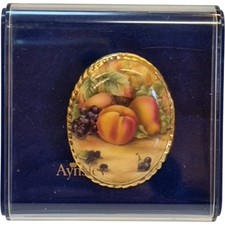 Aynsley Orchard Gold Porcelain Brooch Hand Painted Fruit Design Collectible Pin