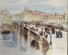 K. Curson Watercolour – City Bridge Scene, Horse-Drawn Carriages – c1950