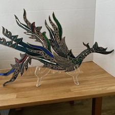 Vintage Wood Hand Crafted Dragon Phoenix Wall Hanging Mirrored Tile Gold Details