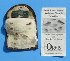 Vtg ORVIS Fly Fishing tan Canvas Trifold Wallet/ Wool Patch Case + 8 Trout Flies