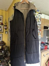 Zara Reversible Long Gilet Coat  Sm/Med Khaki Green And Black With Hood 2in1 VG