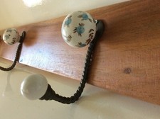 Recycled Handmade Solid Sheesham Rustic Coat Rack Rail c/w Ceramic Hooks Vintage