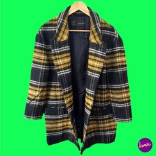 ZARA Women's Check Blazer Peacoat, Collared Wool Blend, Black/Yellow, UK M