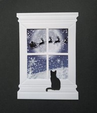 6 Large Embossed Christmas Window & Cat With Outside Scene - Die Cut Toppers