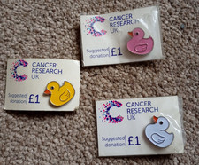 3 x Ducks Enamel Pin Badges - Cancer Research UK Charity Pink White & Yellow