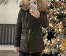 Frocella Kahki Green Winter Coat hooded  Size 8 padded with belt front zip
