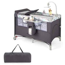 COSTWAY 5-in-1 Portable Pack and Play Foldable Baby Nursery Center-Grey