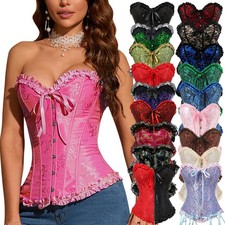 Womens Overbust Boned Corset Burlesque Basque Top Lace-Up Costume Waist Trainer