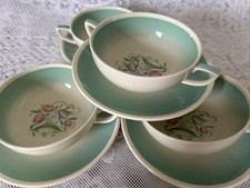 Set Of 4 Art Deco Susie Cooper Dresden Spray Green Soup Bowls And Saucers