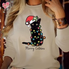 SWEATSHIRT (5137) Merry Catmas Lightening Black Cat Christmas Funny Xmas Jumper