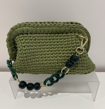 CROCHET Green Clutch Bag, Handbag,Beaded Strap, Handmade Using T Shirt Yarn.Gift
