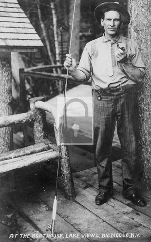 Fisherman with pipe - with, house