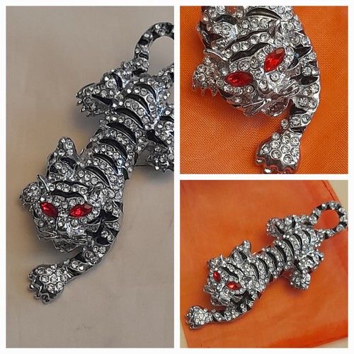 Crystal tiger brooch - crystal,