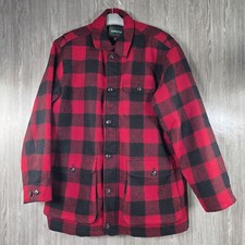 Orvis Buffalo Plaid Wool Winter Coat Size Large Red Black Checked Warm Pockets 