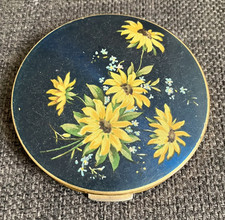 Vintage Floral Enamel Powder Compact Blue on Brass Case 7cm Diameter