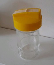 1950s/60s Vintage Retro Sugar Pourer Yellow Plastic Lid Glass Body.