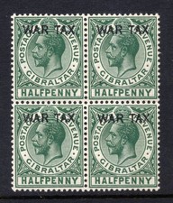 Gibraltar SG 86 Cat £4 NEVER HINGED War Tax Overprint Block of 4 Halfpenny Green