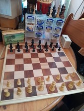 Vintage Wooden Staunton Chess Piece Set, Felted, Lacquered & Wooden Box -730TBLT