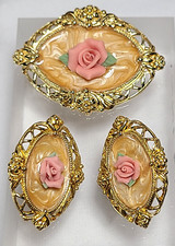 Vintage Gold Avon Victorian Rose Brooch Pin and Earring Set with Box
