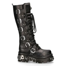 New Rock 272-S1 Black Boots Metallic Goth Knee High Zip Leather Buckle Boots
