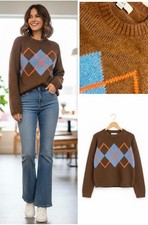 Ladies Marks Argyle Wool Mix Jumper Long Sleeve Thick Chunky Knit Soft Preppy