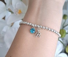 Silver Stretchy Birthstone Bracelet with Initial | Personalised Birthday Gift