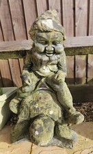 Vintage Weathered Stone Garden Gnome On Tortoise Ornament Mid-Century 