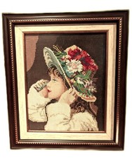 Vintage "The Girl with hat" framed wall art, Tapestry by Wiehler Gobelin