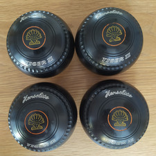 Henselite Tiger II Black Lawn Bowls Size 3 Heavy WB22 (x 4) with original box.