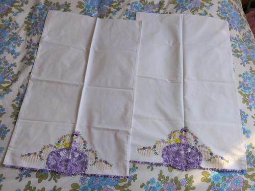 Pair vintage hand embroidered - pair,