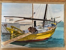 WATERCOLOUR BRIGHTLY COLOURED FISHING BOAT ON DEEP BLUE SEA HARBOUR P Arnold