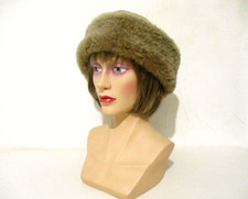Vintage Sheepskin Warm Cossack Style Hat Beige Suede Dk Beige/Lt Brown Soft Fur