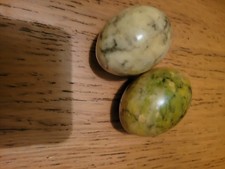 2 Onyx Marble Egg Ornaments Hand Carved Egg Mottled Green Marble