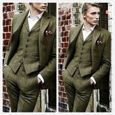 Men's Suits Olive Green Check Plaid Vintage 3 Pieces Tweed Groom Tuxedos Suit