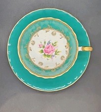 Vtg Aynsley Tea Cup & Saucer Green Rim - Gold Accent - Floral
