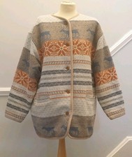 Women’s Nordic Knit Jacket UK XL Reindeer Snowflake Wool Look Fleece Lined 