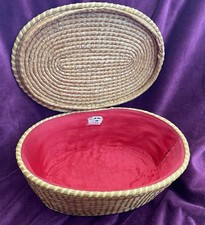 Large Vintage Boho Soft Woven Straw Red Satin Lined Oval Sewing Basket With Lid