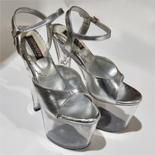 Silver Patent Sandals High 8" Stiletto Heel 4" Platform Pole Dancer Katie UK 5
