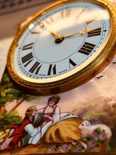 RARE Antique Swiss Guilloche Enamel Miniature Clock Hand Painted Pastoral Scene