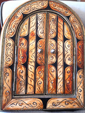 Moroccan Arched Mirror with 2 doors. Hand crafted bone. Orange and Black